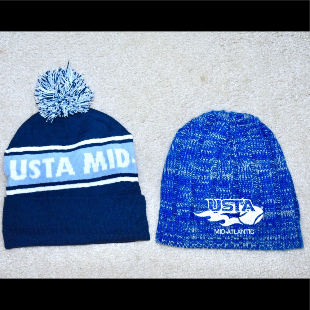 TWO cozy USTA themed winter hats